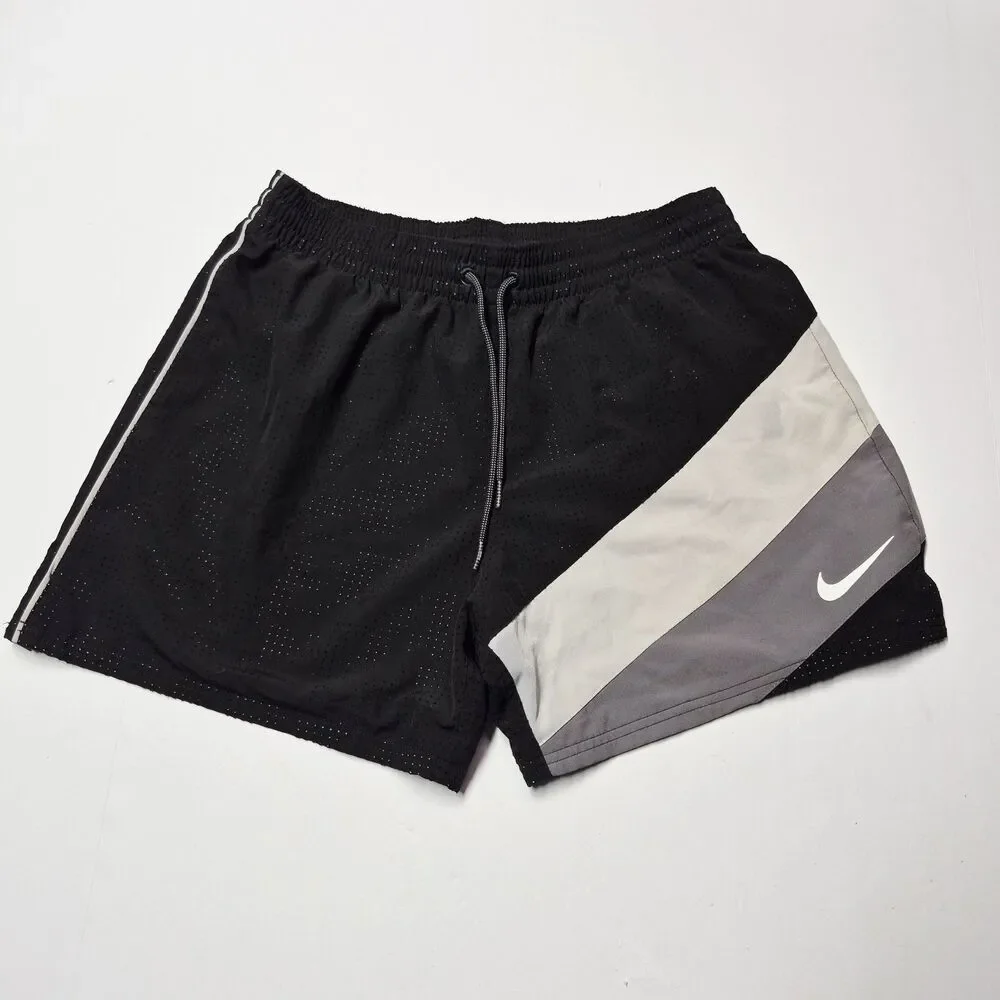 Nike Swim Mesh Colorblock Volley Shorts Large Black Grey Board Trunks Swoosh EUC